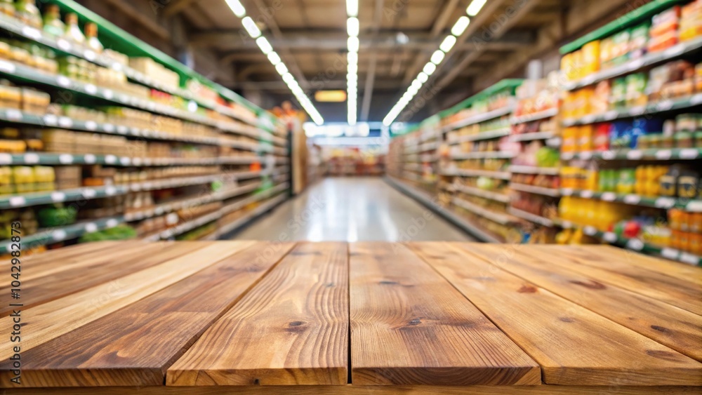Empty wooden table with blurred supermarket background from above view Empty wooden table with blurred supermarket background from above view