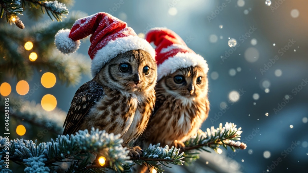 Cute owls in a Santa Claus hat in the winter forest. A postcard for the winter holidays. Cute owls in a Santa Claus hat in the winter forest. A postcard for the winter holidays.