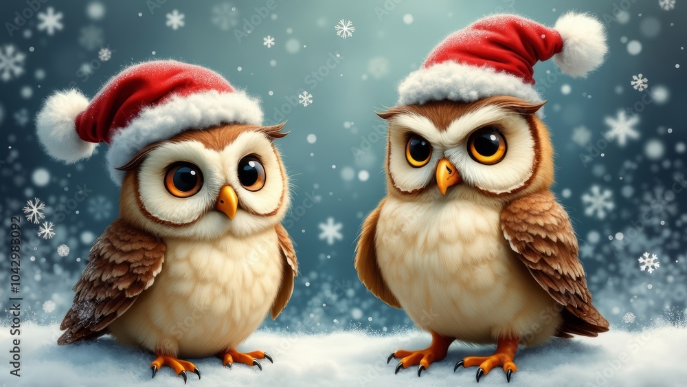 Cute owls in a Santa Claus hat in the winter forest. A postcard for the winter holidays. Cute owls in a Santa Claus hat in the winter forest. A postcard for the winter holidays.