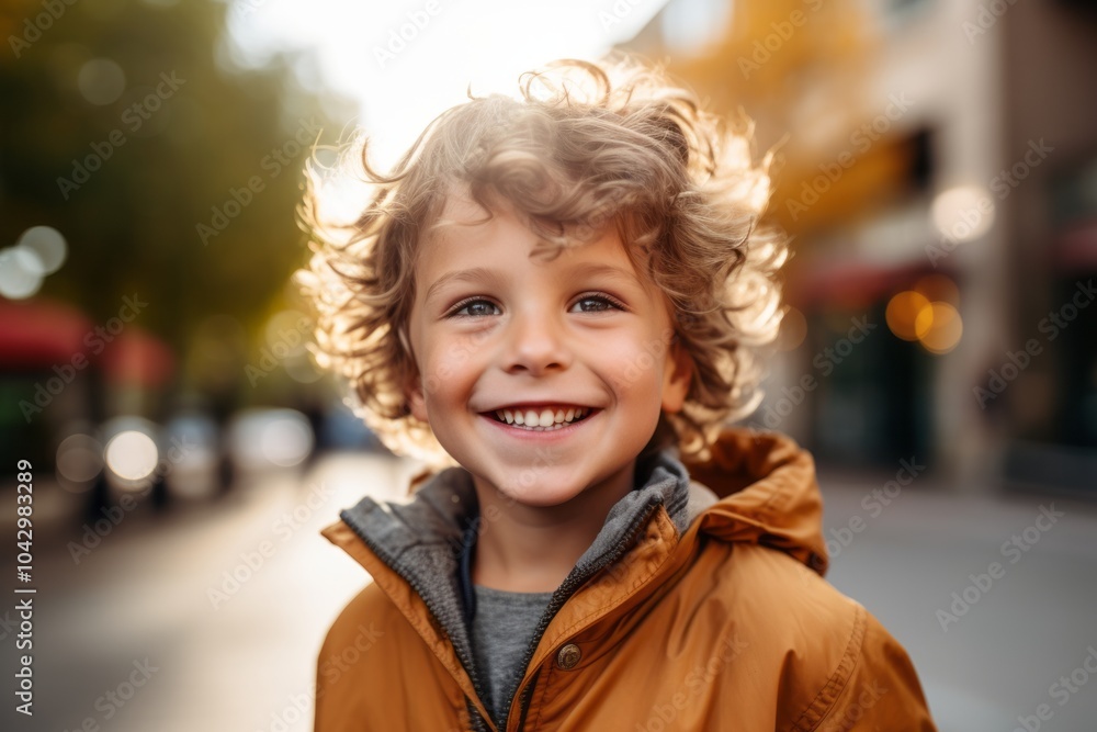 Portrait of a cute smiling little boy with curly hair in the city Portrait of a cute smiling little boy with curly hair in the city