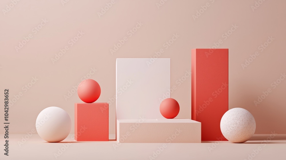 Abstract geometric shapes in red and white on a soft beige background. Abstract geometric shapes in red and white on a soft beige background.
