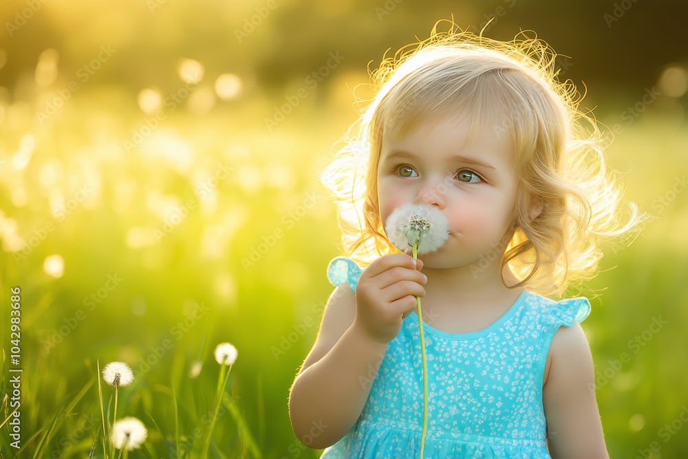 Charming upper body shot of a young girl blowing dandelions amidst lush grass in soft light Charming upper body shot of a young girl blowing dandelions amidst lush grass in soft light
