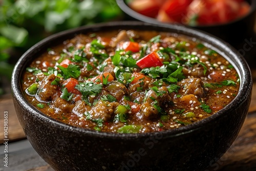 Bowl of Savory Stew with Meat, Vegetables, and Sesame Seeds