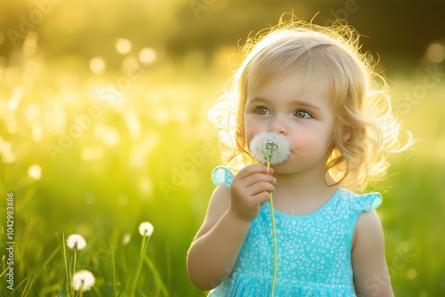 Charming upper body shot of a young girl blowing dandelions amidst lush grass in soft light