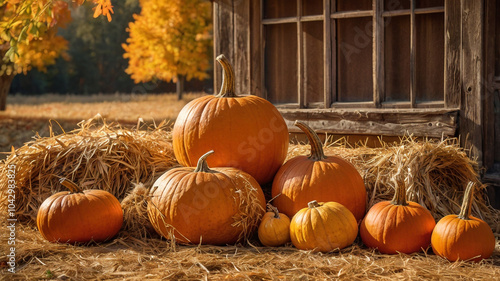 A picturesque autumn scene with pumpkins of various sizes, surrounded by hay bales and a rustic wooden barn. Ideal for fall-themed projects and seasonal celebrations.