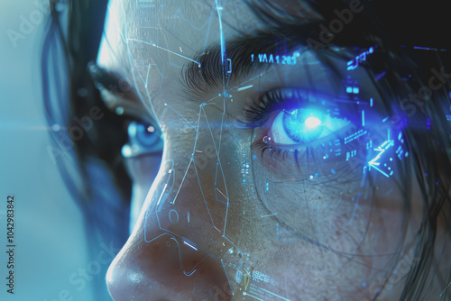 Futuristic female cyborg with blue lights on her eyes scanning the retina. Check the information.