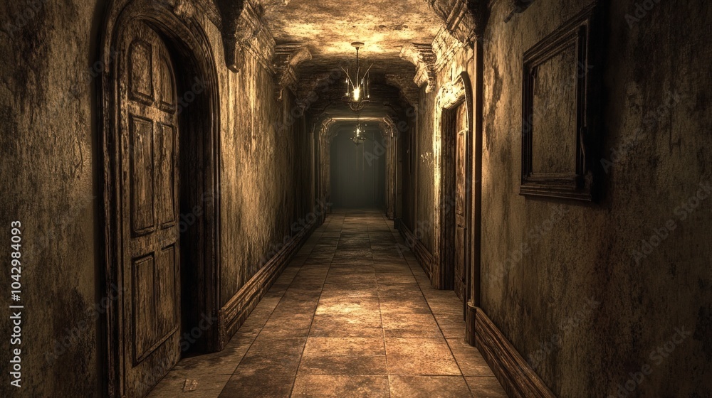 Obraz premium Dimly lit interior corridor with worn walls and closed doors