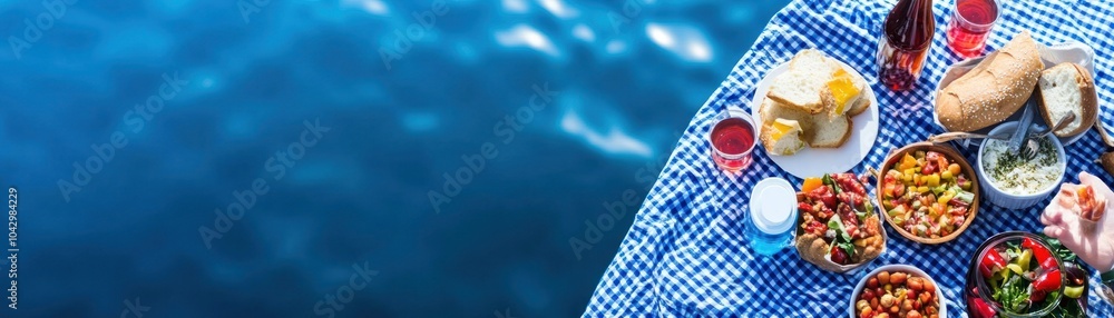 A vibrant picnic spread featuring various dishes by the water. A vibrant picnic spread featuring various dishes by the water.