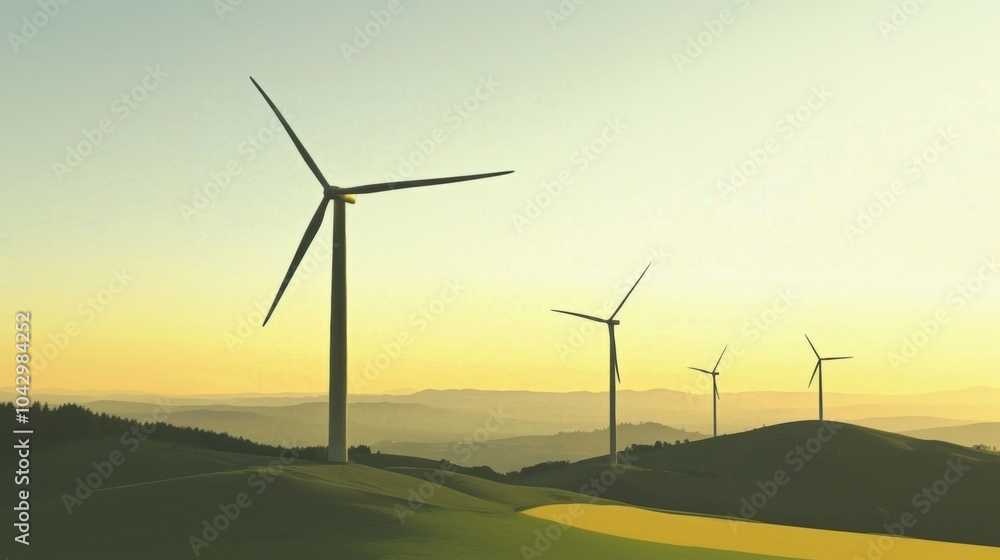 Fototapeta premium Futuristic wind turbines spinning on a hillside