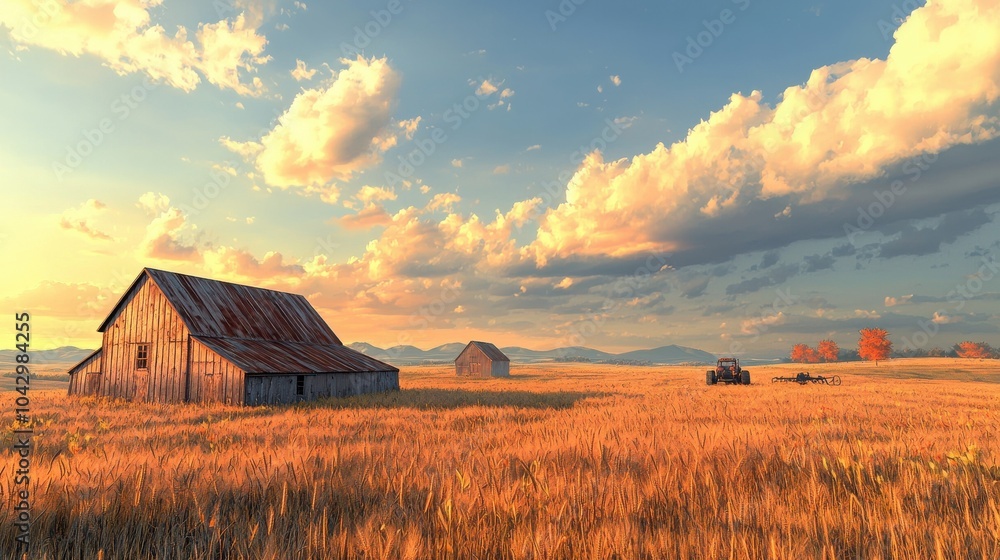 A quiet farm scene in the fall with golden wheat fields and a rustic barn under a vibrant autumn sky A quiet farm scene in the fall with golden wheat fields and a rustic barn under a vibrant autumn sky