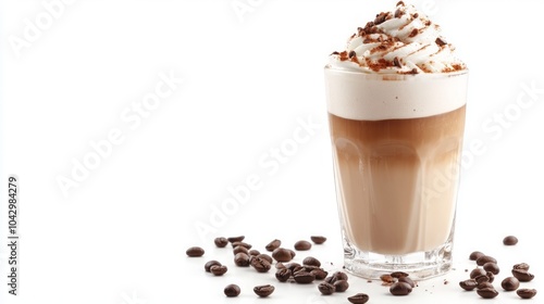 Iced coffee with whipped cream and chocolate sprinkles, coffee beans in front, isolated on white background.