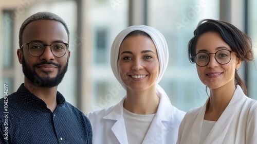 A team of biotechnology researchers from different backgrounds discussing groundbreaking developments in the field, promoting inclusivity in science.