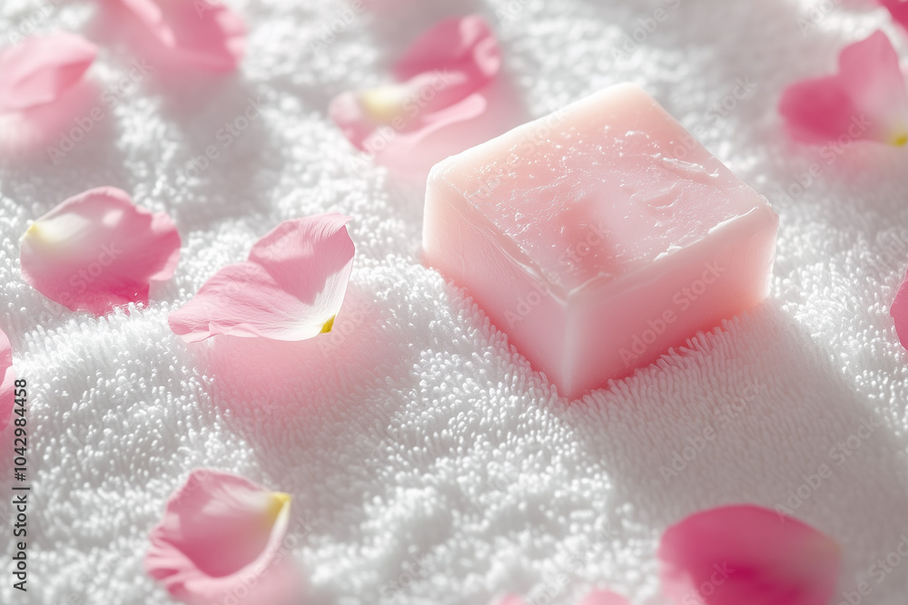Pink soap on towel surrounded by rose petals. Pink soap on towel surrounded by rose petals.
