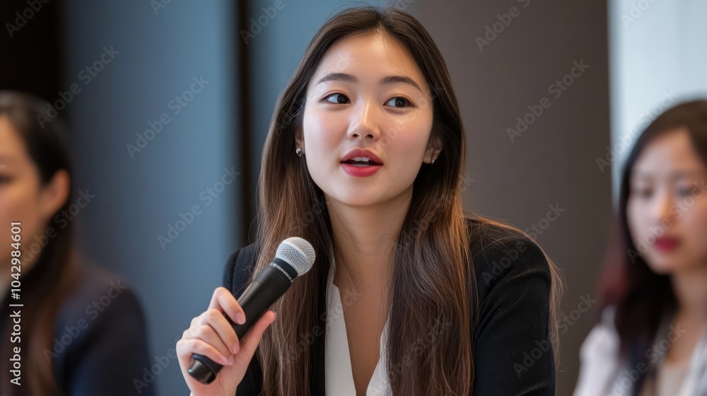 An Asian activist leading a discussion on the workers' rights movement, with a diverse group of professionals advocating for workplace equality. An Asian activist leading a discussion on the workers' rights movement, with a diverse group of professionals advocating for workplace equality.