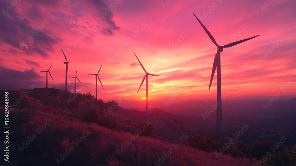 Futuristic wind turbines against beautiful landscape Futuristic wind turbines against beautiful landscape