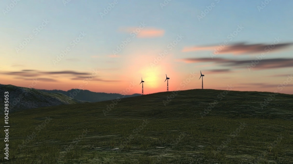 Obraz premium Futuristic wind turbines against beautiful landscape