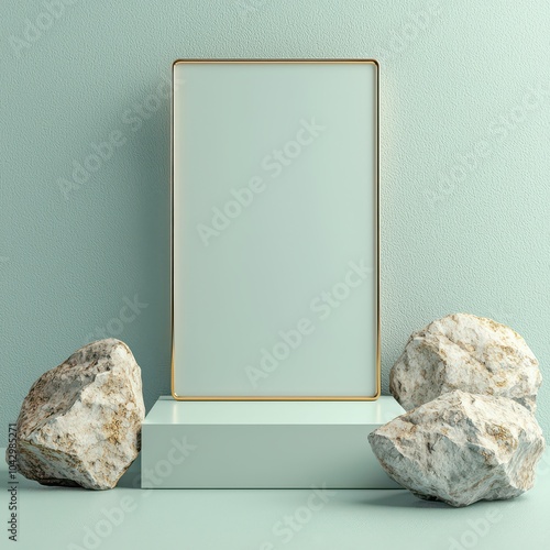 Simple golden rectangular frame with minimalist decor in soft green interior setting with natural stone accents