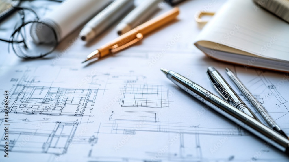 Blueprint and drafting tools on a workspace. Blueprint and drafting tools on a workspace.