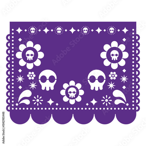 Papel Picado vector template design with skulls, flowers and empty space for test inspired by party garland cut out decorations from Mexico. Non AI-generated
