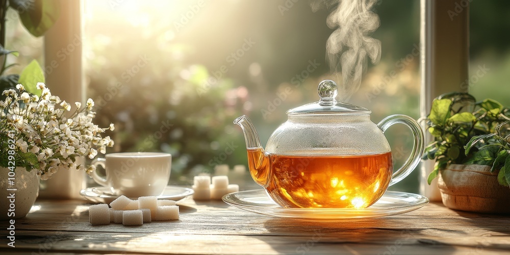 Pouring tea into glass cup with rising steam in cozy kitchen setting Pouring tea into glass cup with rising steam in cozy kitchen setting