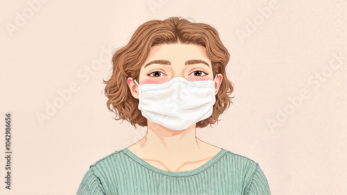 Cartoon woman wearing a face mask against a light background.