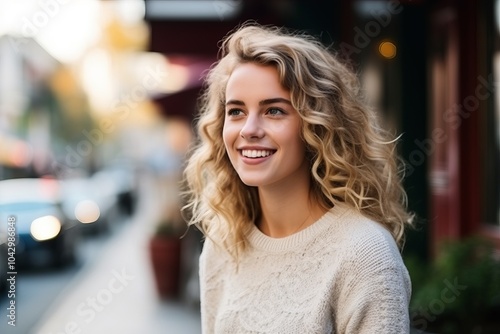 Portrait of a beautiful young woman with curly blonde hair in the city