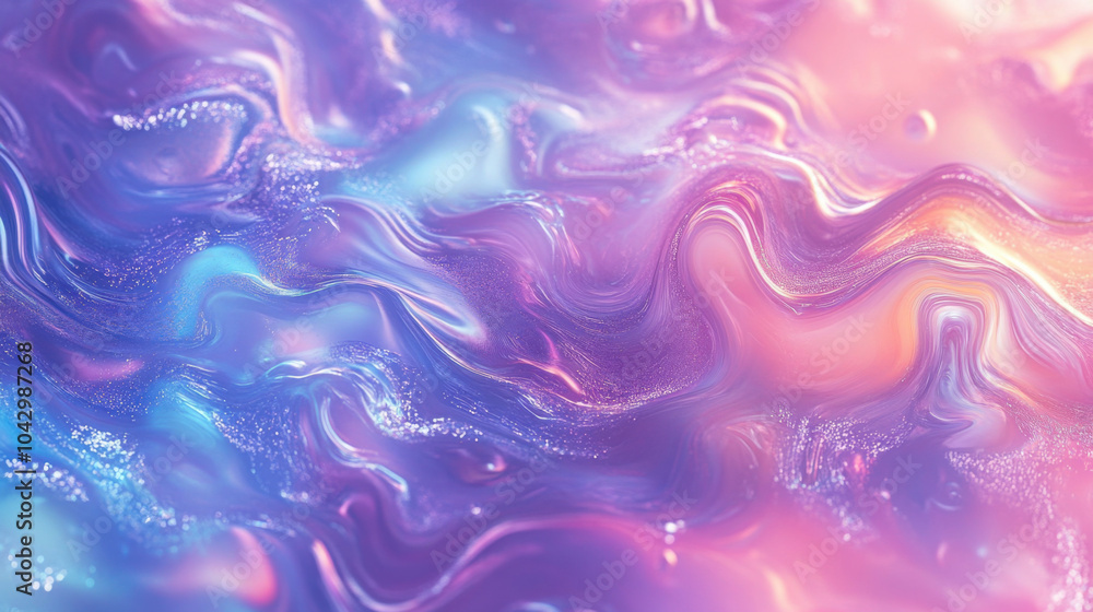 Fototapeta premium A grainy iridescent holographic gradient background with psychedelic patterns, perfect for adding a unique touch to business branding. Features trippy moving water glossy textures in lilac hues