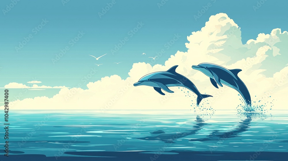 Naklejka premium Two dolphins are jumping out of the water in the ocean
