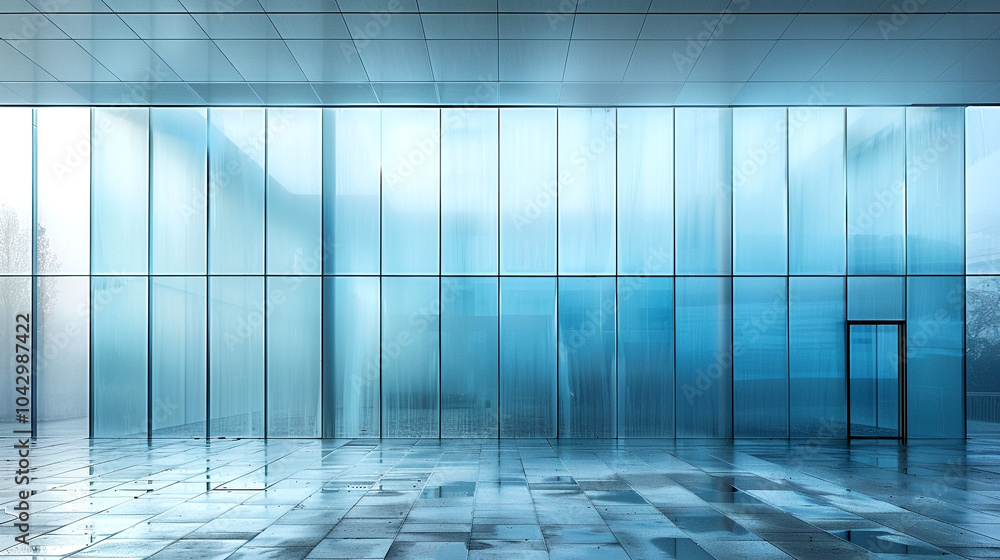 A serene modern space with glass walls reflecting cool morning light in tranquility A serene modern space with glass walls reflecting cool morning light in tranquility