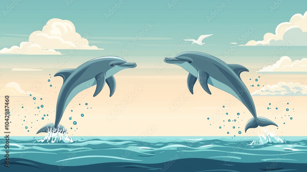 Obraz premium Two dolphins jumping out of the water