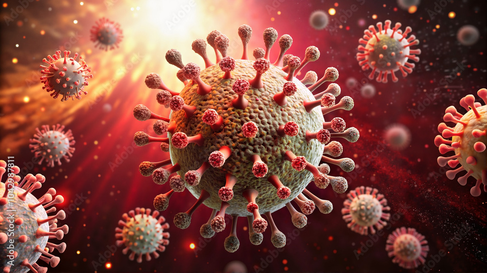 Red virus particles illuminated by bright light in space. Red virus particles illuminated by bright light in space.