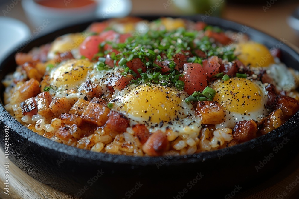 Close-up of Fried Rice with Sunny Side Up Eggs, Bacon, and Green Onions Close-up of Fried Rice with Sunny Side Up Eggs, Bacon, and Green Onions
