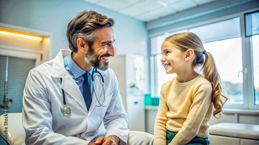 Obraz premium Male pediatrician talking to young girl in medical office.