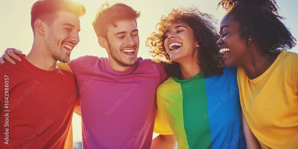 Joyful friends in rainbow t shirts laughing together in warm light against a minimalist background Joyful friends in rainbow t shirts laughing together in warm light against a minimalist background