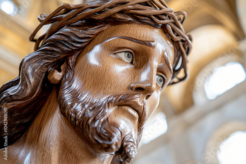 detailed wooden Jesus sculpture in sacred space