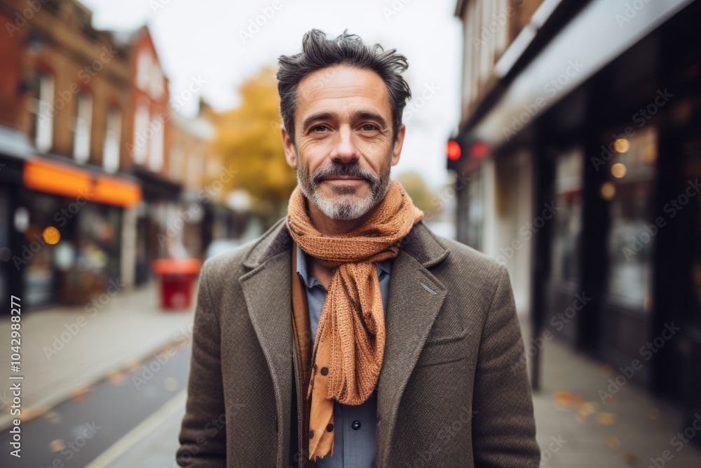 Portrait of a handsome middle-aged man in a coat and scarf on a city street. Portrait of a handsome middle-aged man in a coat and scarf on a city street.