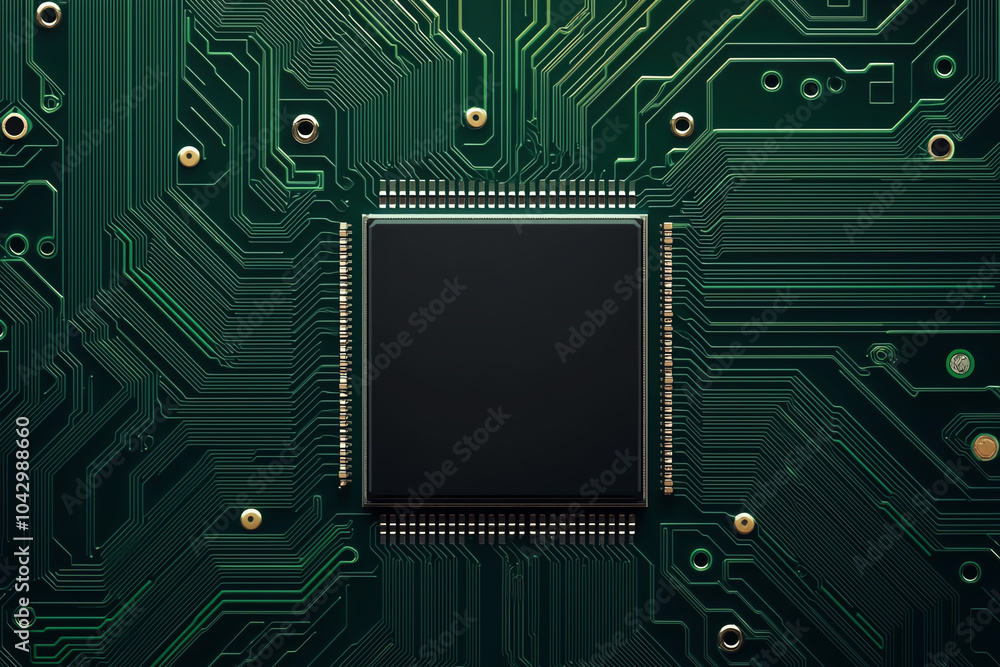 Fototapeta premium Energyefficient chip, futuristic green circuits, holographic digital grid