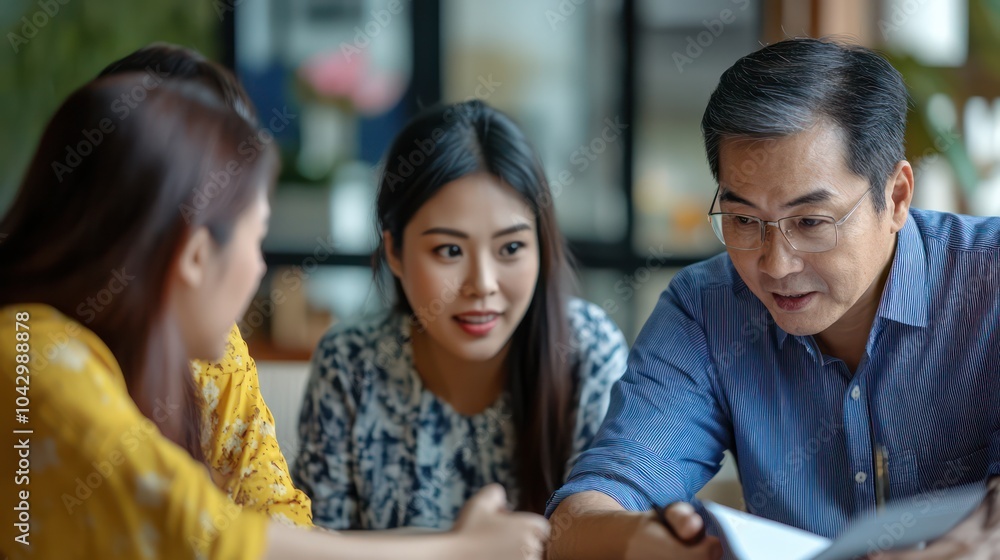 An Asian financial advisor presenting hurricane insurance plans to a diverse group, focusing on safety and risk mitigation. An Asian financial advisor presenting hurricane insurance plans to a diverse group, focusing on safety and risk mitigation.