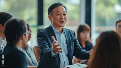 An Asian financial advisor presenting hurricane insurance plans to a diverse group, focusing on safety and risk mitigation.