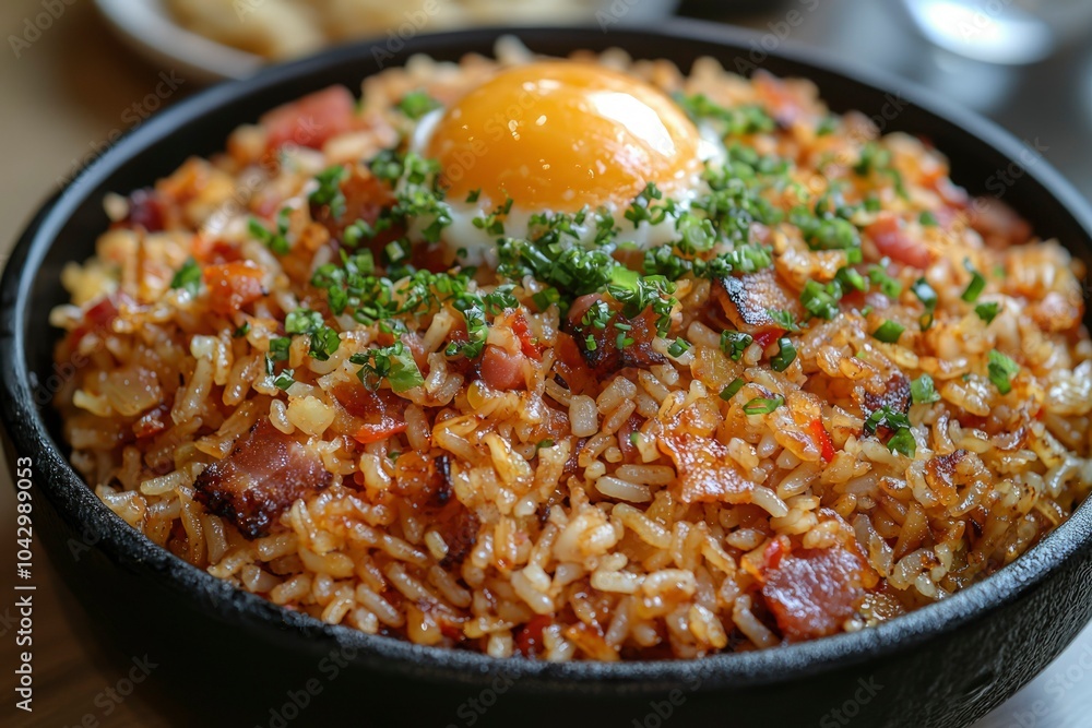 Fried Rice with Bacon, Egg, and Green Onions in a Black Bowl Fried Rice with Bacon, Egg, and Green Onions in a Black Bowl