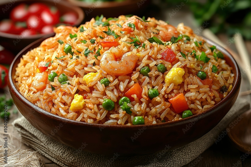 Shrimp Fried Rice with Vegetables and Egg in a Wooden Bowl Shrimp Fried Rice with Vegetables and Egg in a Wooden Bowl