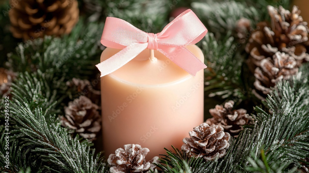 Pink Candle with Bow in Pine Wreath Pink Candle with Bow in Pine Wreath