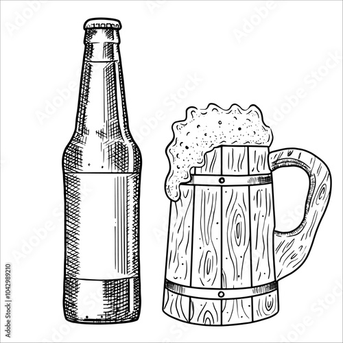 Hand draw a bottle and a wooden mug with beer. Vector illustration
