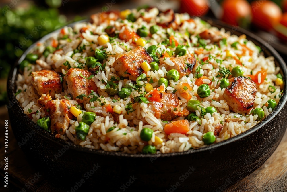 Chicken Fried Rice with Peas, Corn, and Carrots in a Black Bowl Chicken Fried Rice with Peas, Corn, and Carrots in a Black Bowl