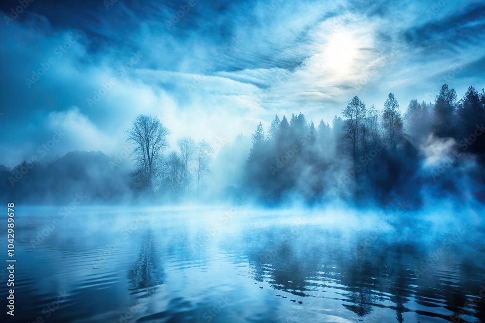 Fototapeta premium Enigmatic misty blue fog texture reflected in background.