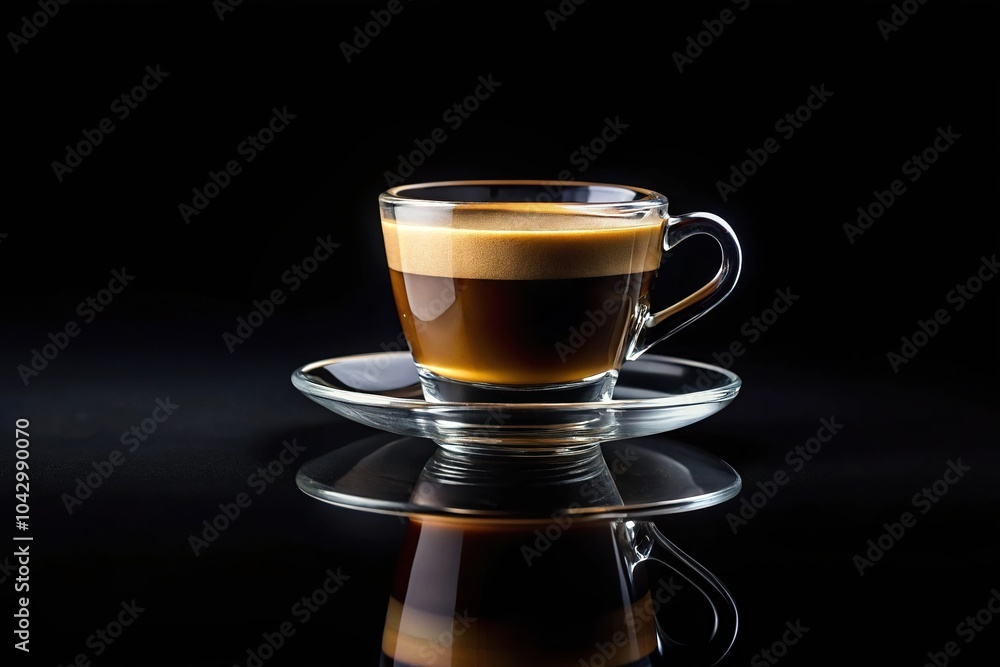 Naklejka premium Espresso coffee in glass cup on black background with reflection photography