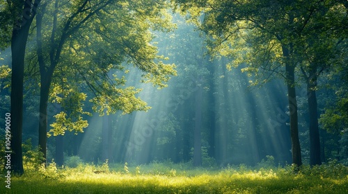 Sunlight beams through the trees in a misty forest, illuminating the green grass and creating a magical atmosphere.