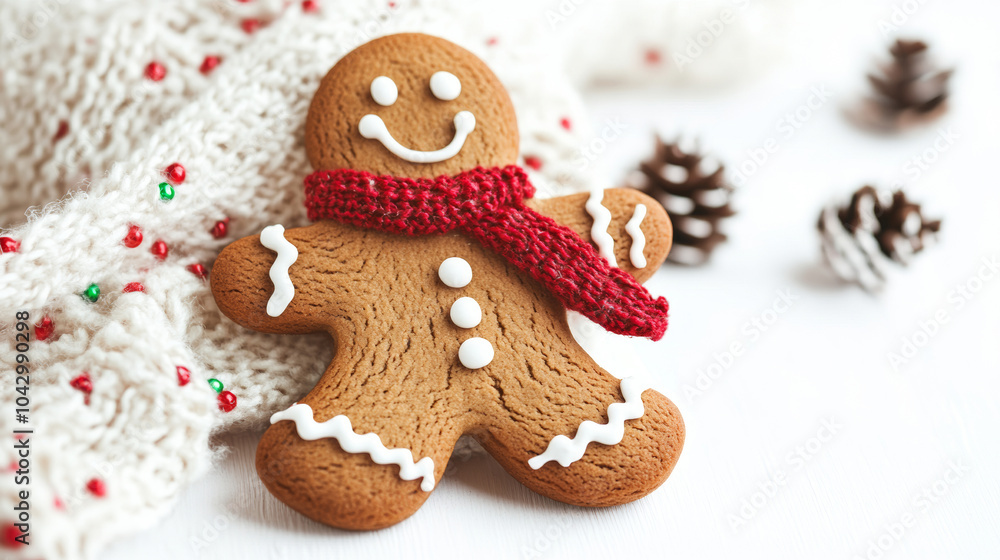 Christmas gingerbread man in red scarf smiling cookie on knitted fabric snow white bokeh background Christmas gingerbread man in red scarf smiling cookie on knitted fabric snow white bokeh background