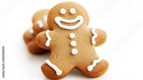 Christmas gingerbread man smiling cookie on snow white bokeh background