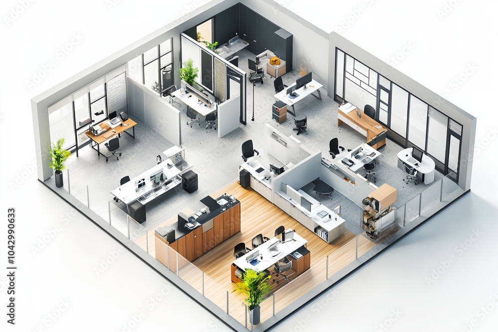 A large office space with a lot of furniture and plants. The office is designed to be open and collaborative, with many desks and chairs for employees to work at A large office space with a lot of furniture and plants. The office is designed to be open and collaborative, with many desks and chairs for employees to work at